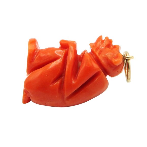 Vintage 14K Gold Carved Coral Grotesque Demon Amulet Charm Pendant 1930s - Picture 9 of 10